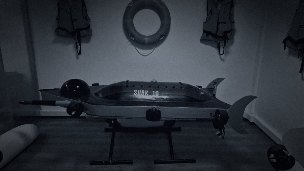Autonomous underwater vehicle hull on its assembly stand